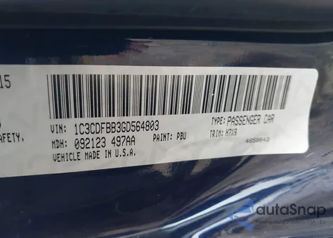 2016 Dodge Dart Sxt из США, поврежденный, VIN 1C3CDFBB3GD564803